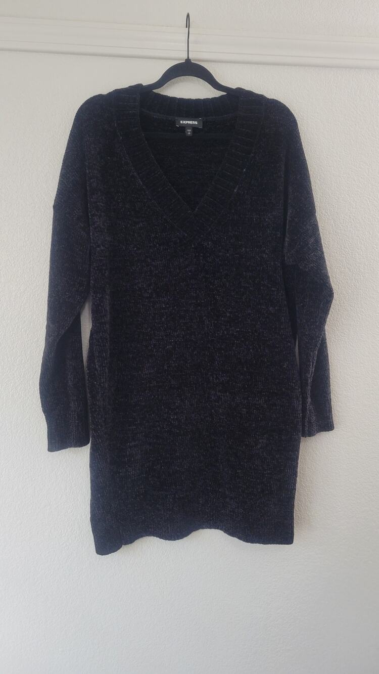 Express Chenille Sweater Dress Womens S Black V Neck Long Sleeve Cozy Knit